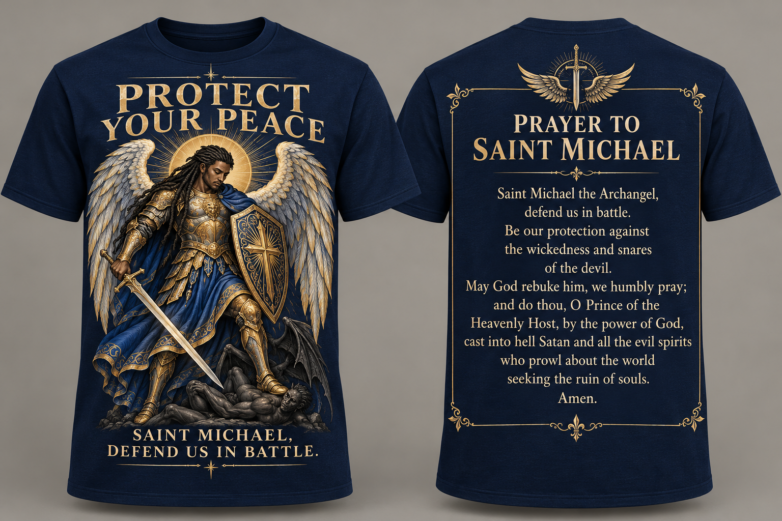 Approved navy Saint Michael T-shirt mockup: Protect Your Peace artwork on the front and the full prayer on the back